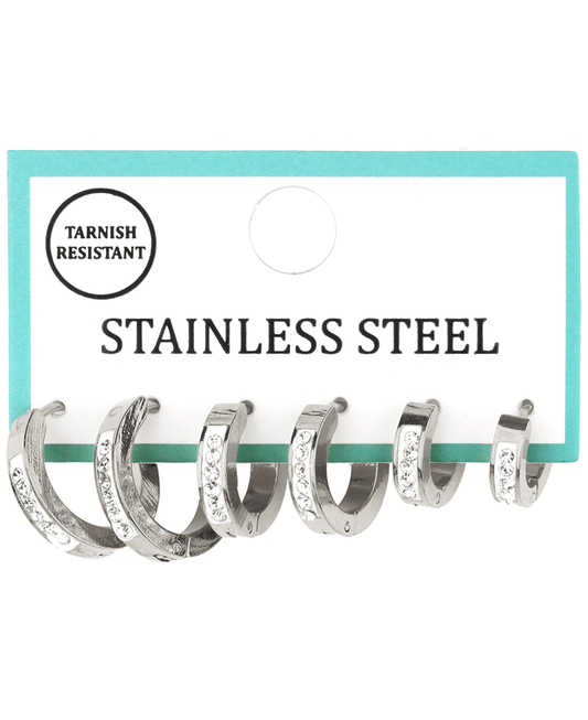 Stainless w/ Rhinestone 3 Pair Hoop Earring