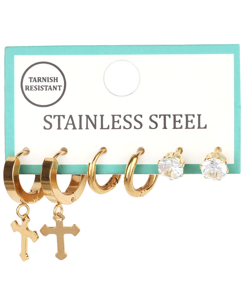 Stainless Cross & Rhinestone 3 Pair Earring