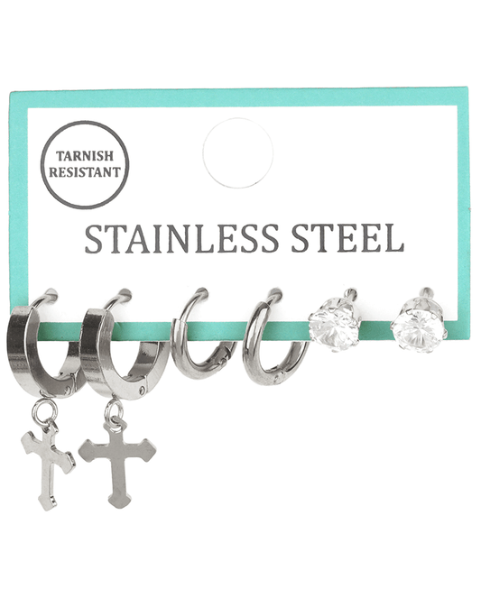 Stainless Cross & Rhinestone 3 Pair Earring