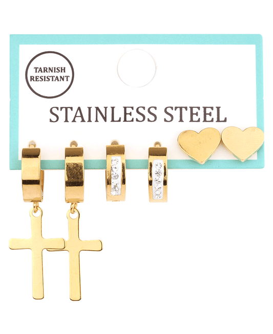 Stainless Cross & Heart 3 Pair Earring