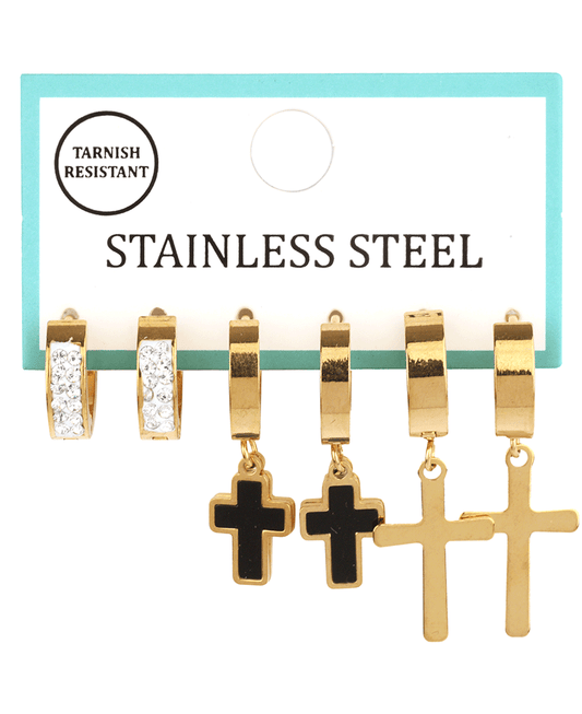 Stainless Multi Cross 3 Pair Hoop Earring