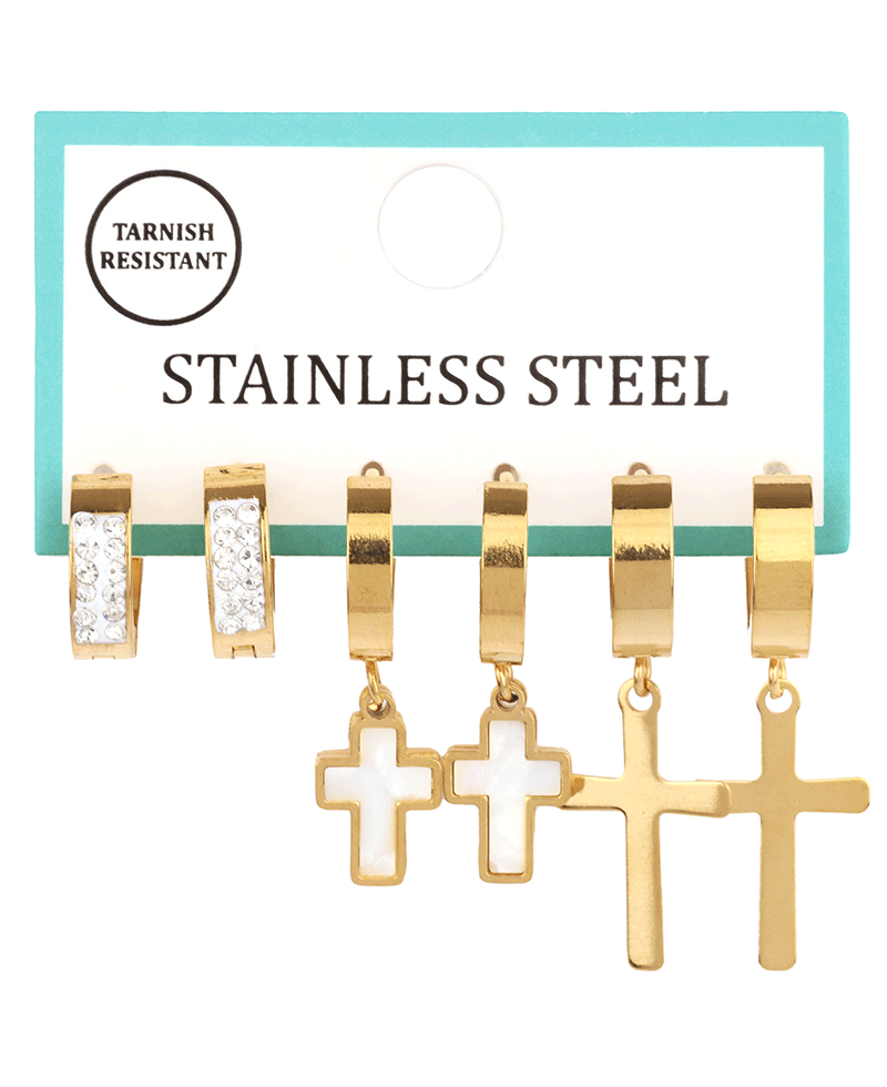 Stainless Multi Cross 3 Pair Hoop Earring