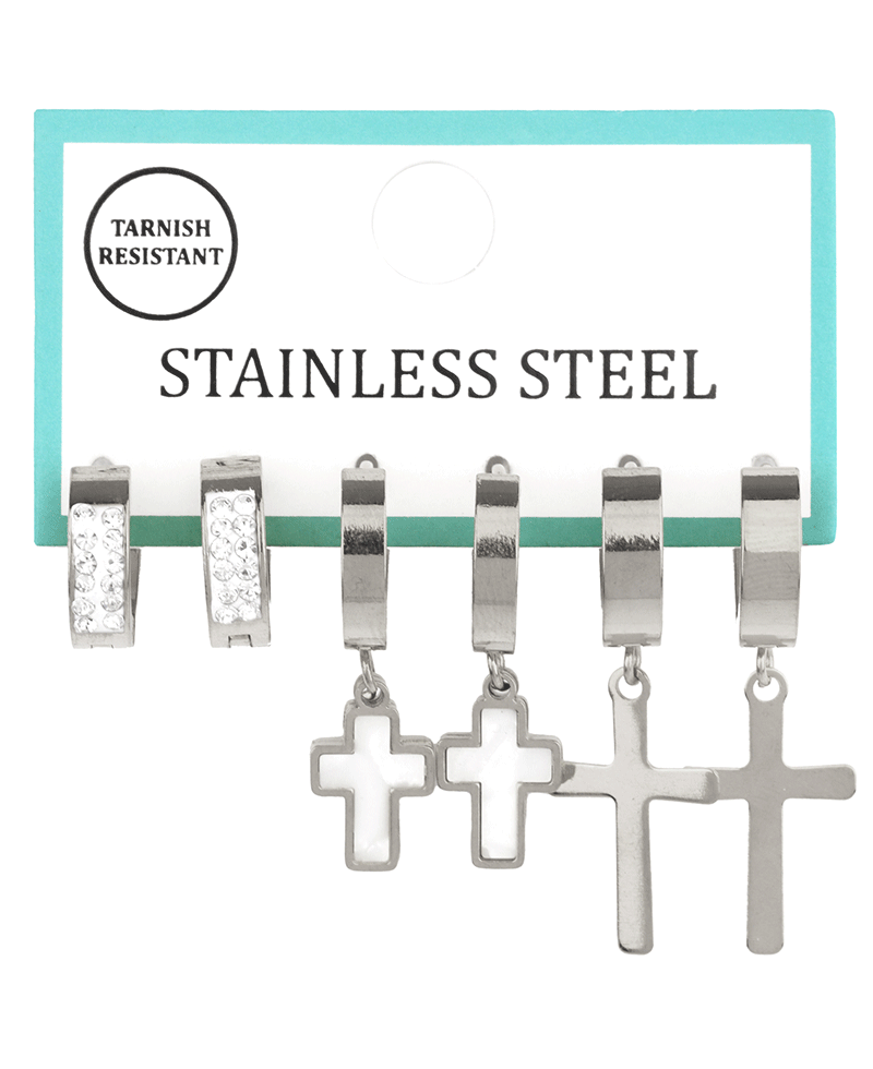 Stainless Multi Cross 3 Pair Hoop Earring