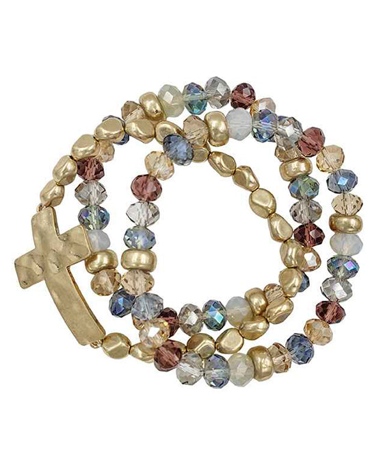 3 Strands Glass w/ Cross Stretch Bracelet
