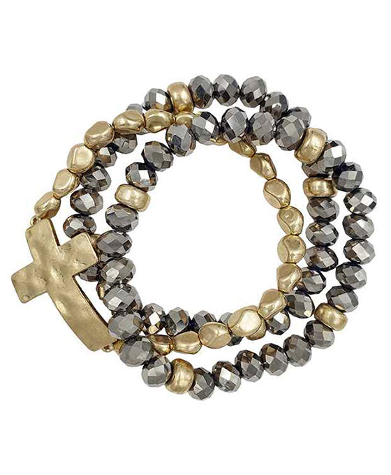 3 Strands Glass w/ Cross Stretch Bracelet