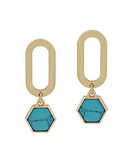 Hexagon Stone & Oval Metal Post Earring