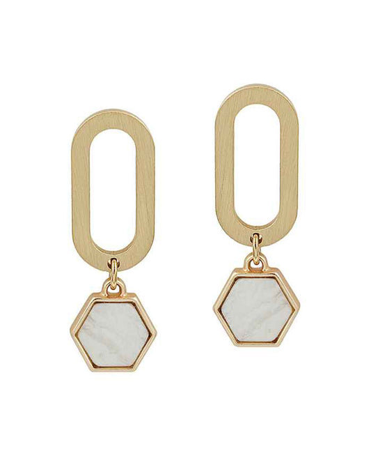 Hexagon Stone & Oval Metal Post Earring