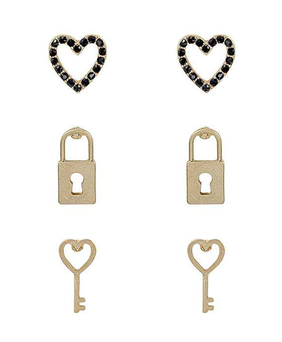 Paved Hear & Lock & Key Set Earring