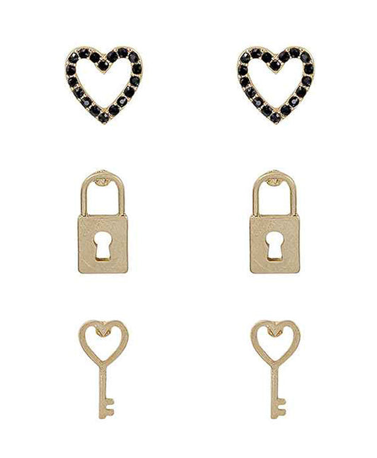 Paved Hear & Lock & Key Set Earring