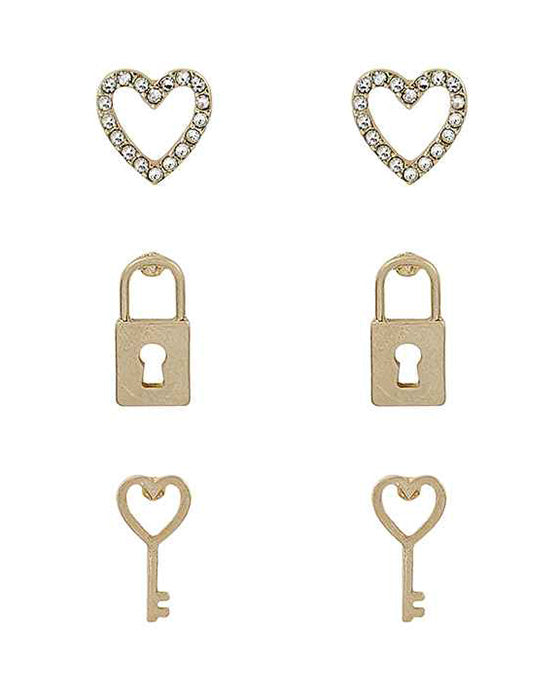 Paved Hear & Lock & Key Set Earring