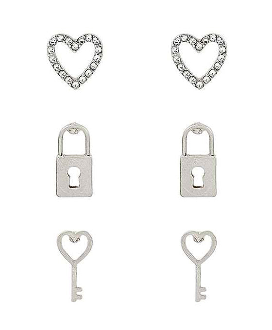 Paved Hear & Lock & Key Set Earring