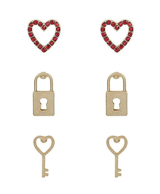 Paved Hear & Lock & Key Set Earring