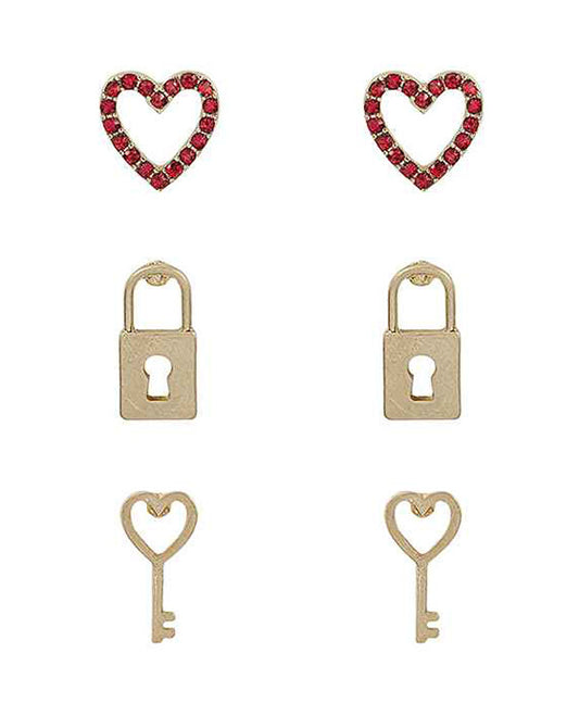 Paved Hear & Lock & Key Set Earring