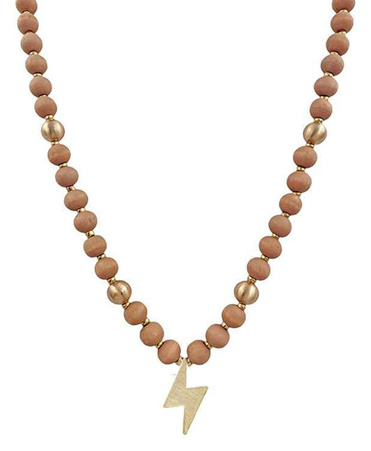 Lightning Bolt Pendant Wood Beads Necklace