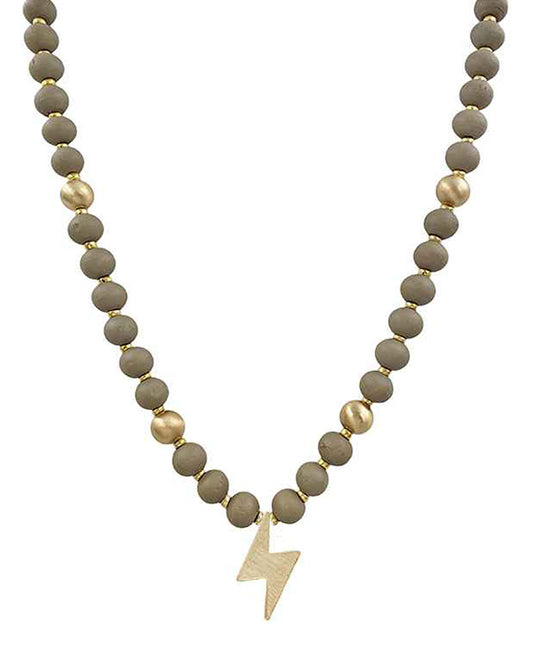 Lightning Bolt Pendant Wood Beads Necklace
