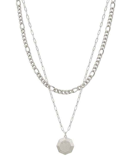 Bold Chain Layered w/ Hexagon Pendant Necklace