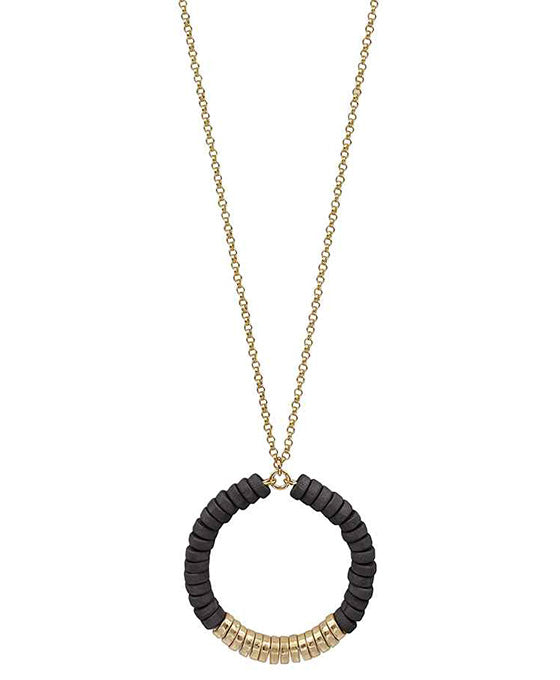 Wood Beads & Metal Cricle Necklace