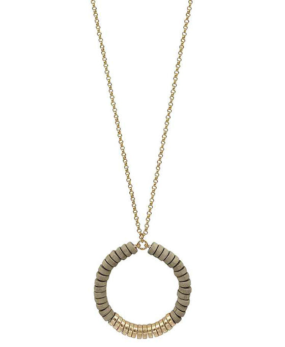 Wood Beads & Metal Cricle Necklace