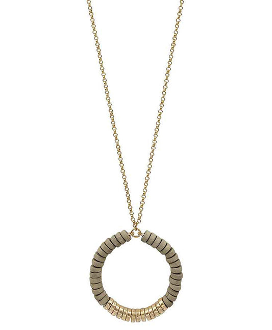 Wood Beads & Metal Cricle Necklace