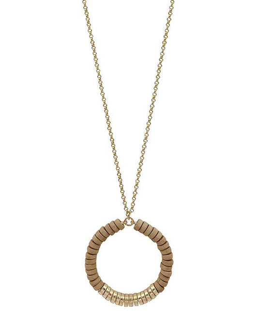 Wood Beads & Metal Cricle Necklace