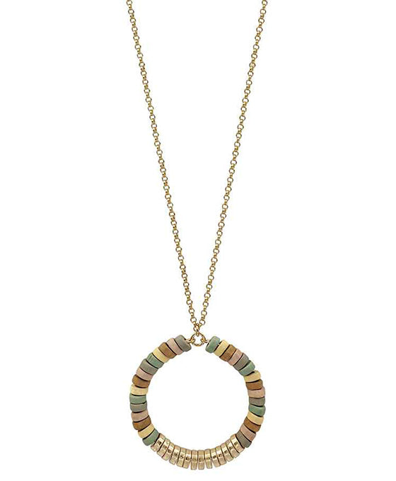 Wood Beads & Metal Cricle Necklace