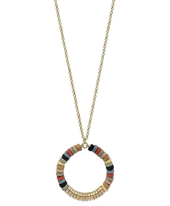 Wood Beads & Metal Cricle Necklace