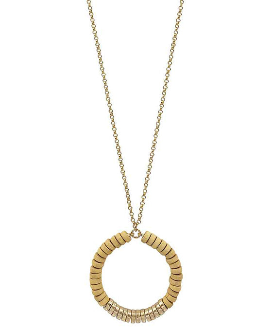 Wood Beads & Metal Cricle Necklace