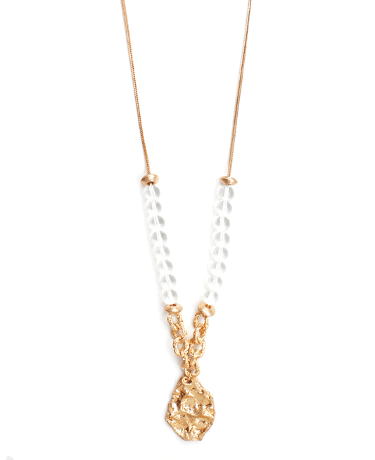 Hammered Metal Pendant Layered Chain w/ Beaded Accent Necklace