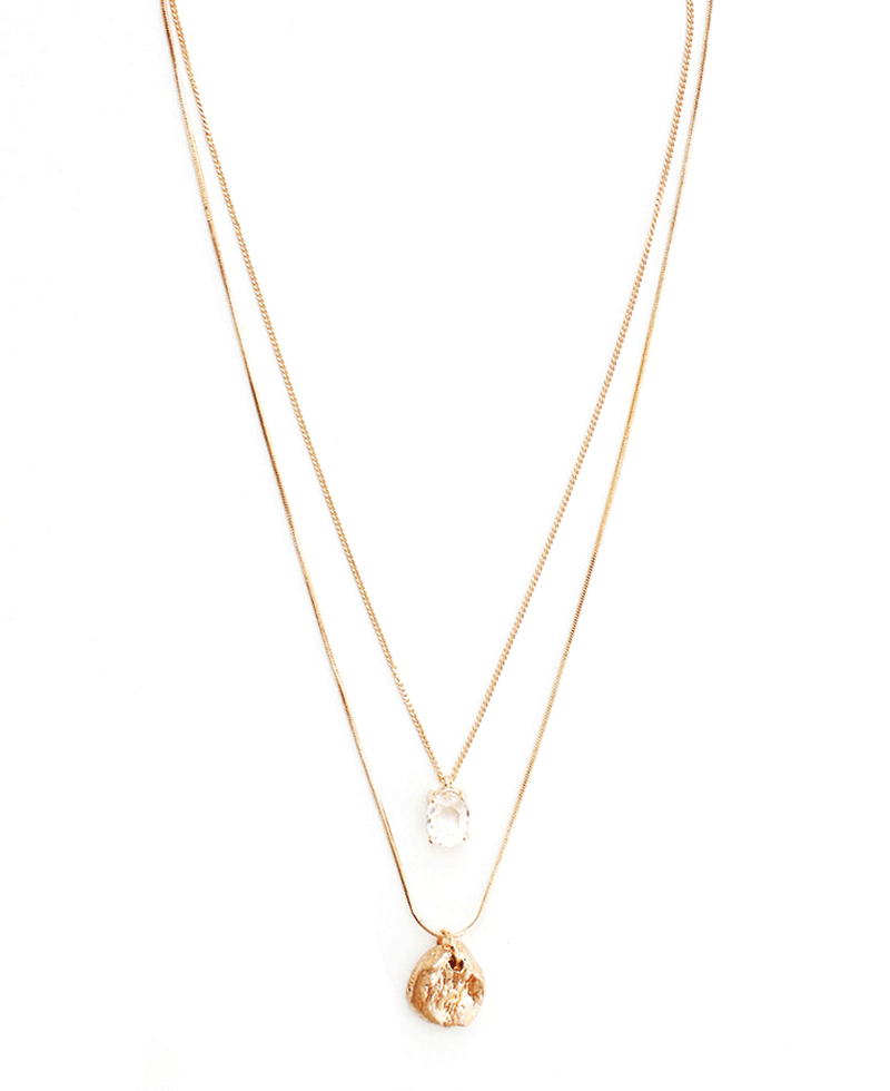 Textured Disc & Crystal Pendant Two Strand Necklace