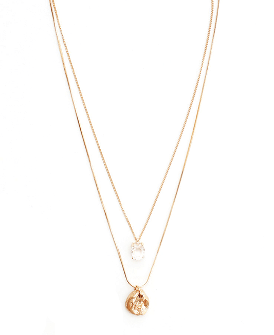 Textured Disc & Crystal Pendant Two Strand Necklace