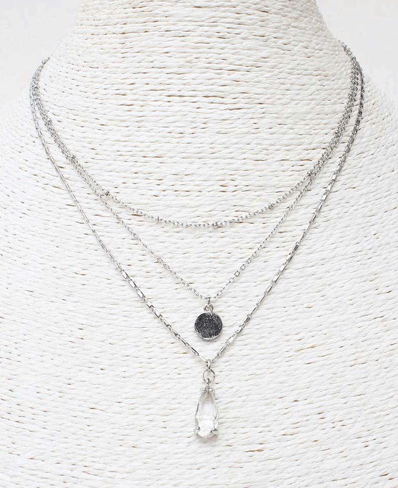 Multi Layered w/ Hammered Disc & Teardrop Pendant Necklace