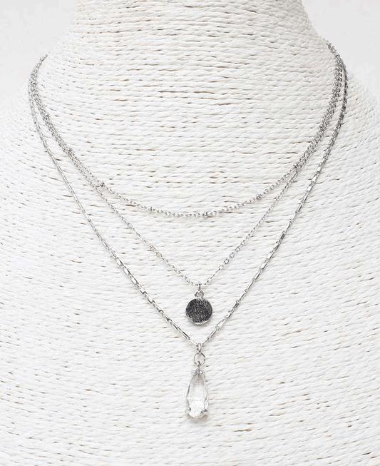 Multi Layered w/ Hammered Disc & Teardrop Pendant Necklace