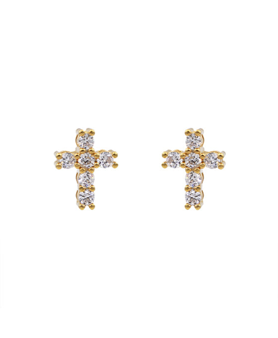 14K Gold Dipped 3D Cross CZ Stud Earring