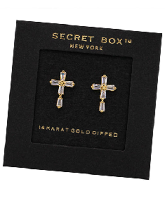 14K Gold Dip Baguette CZ Cross Stud Earring