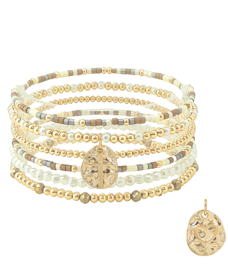 Multi Strand Beaded w/ Cross Charm Bracelet