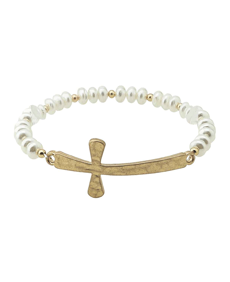 Sideway Cross Pearl Stretch Bracelet
