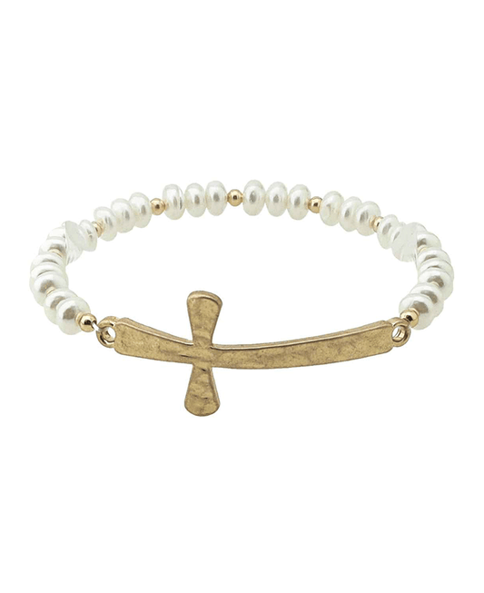 Sideway Cross Pearl Stretch Bracelet