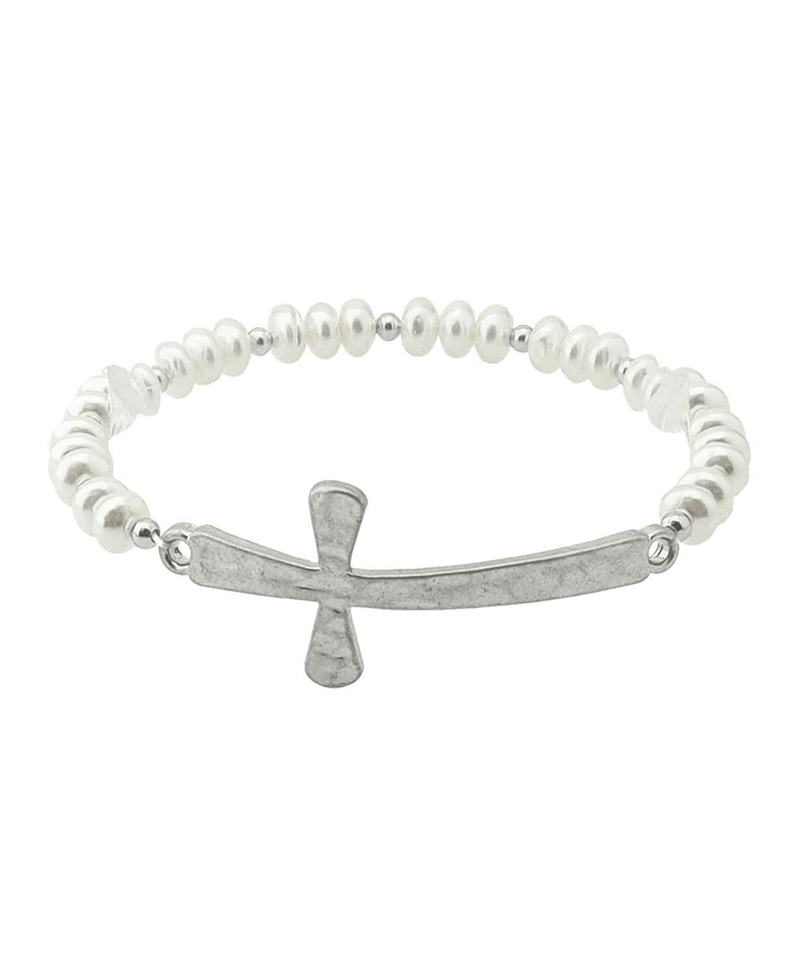 Sideway Cross Pearl Stretch Bracelet
