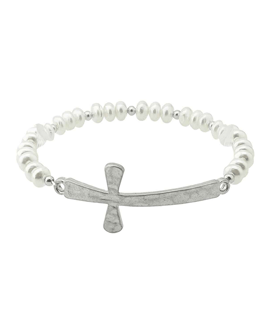 Sideway Cross Pearl Stretch Bracelet