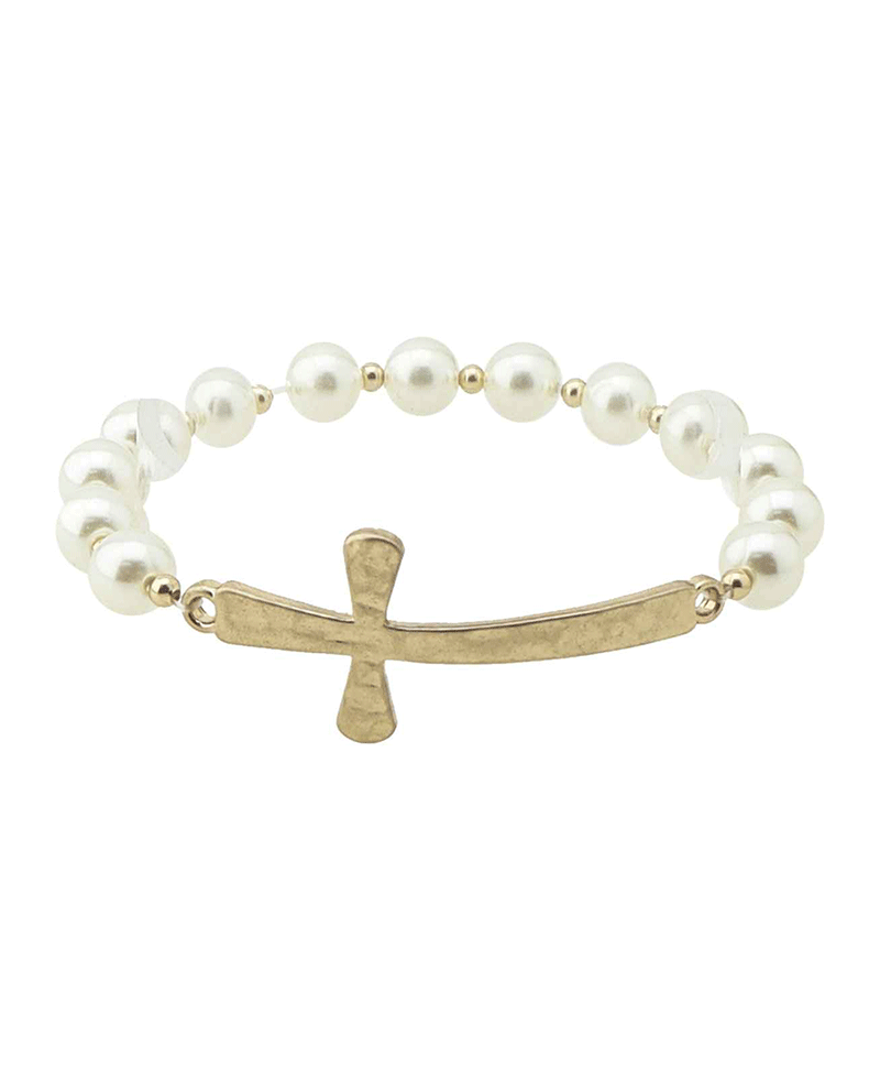 Sideway Cross Pearl Stretch Bracelet