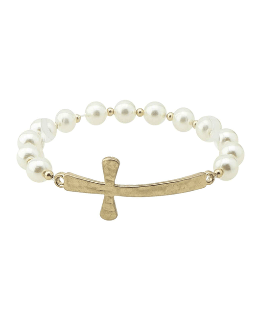 Sideway Cross Pearl Stretch Bracelet