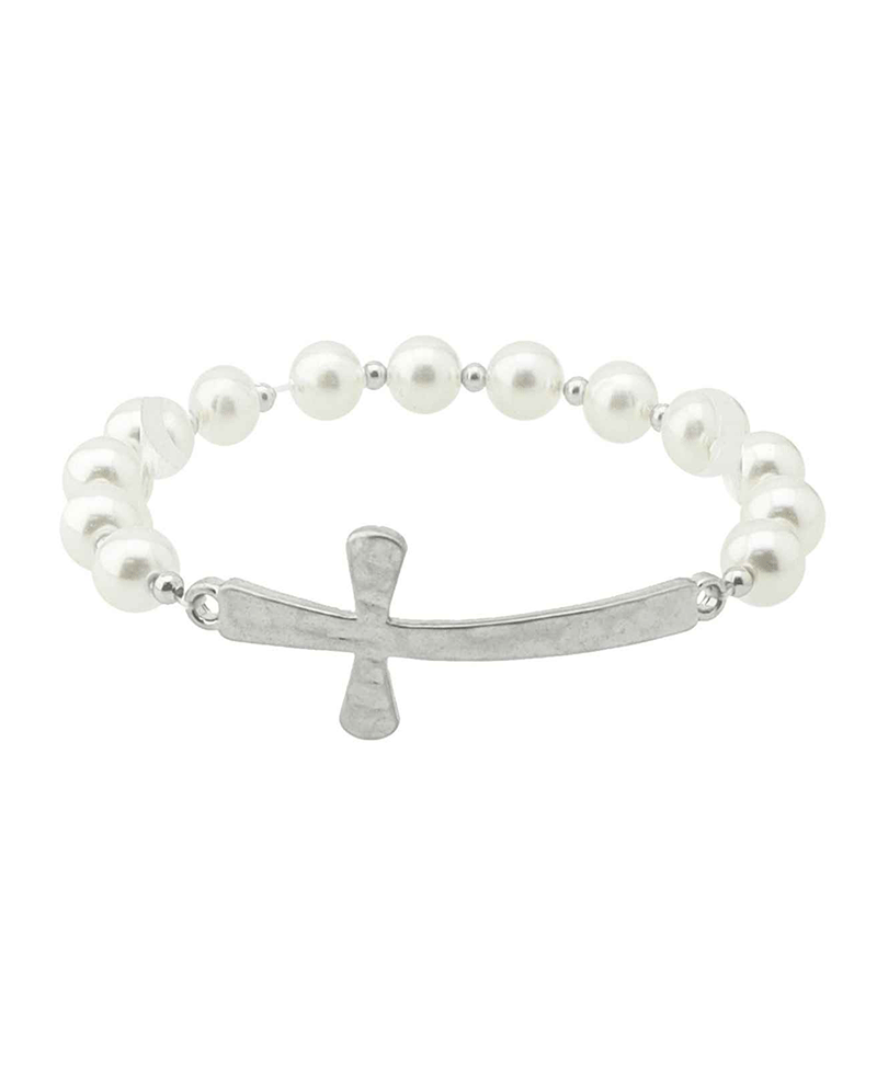 Sideway Cross Pearl Stretch Bracelet