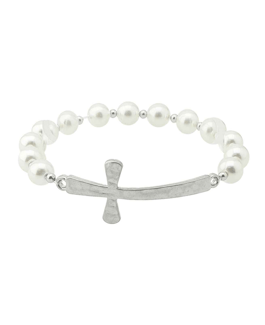 Sideway Cross Pearl Stretch Bracelet