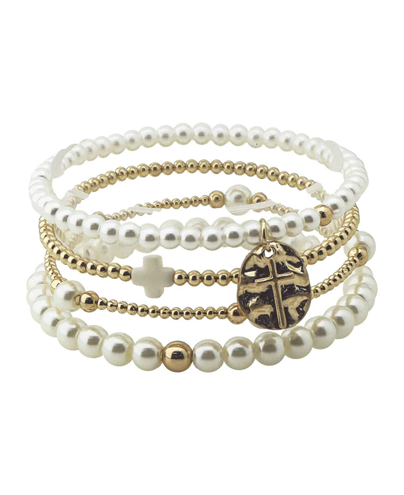 Gold Beads & Faux Pearls w/ Cross Design Charm Bracelet