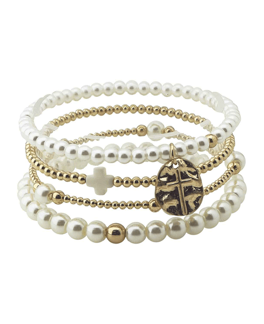 Gold Beads & Faux Pearls w/ Cross Design Charm Bracelet