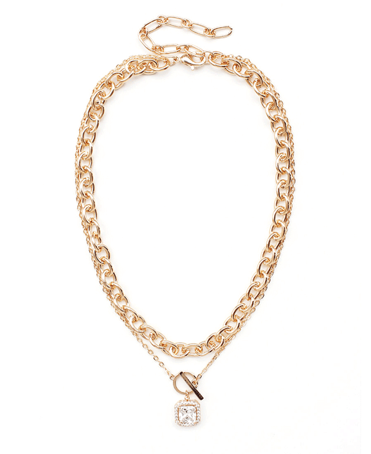 Chunky & Thinner Chain w/ Square Crystal Pendant Necklace