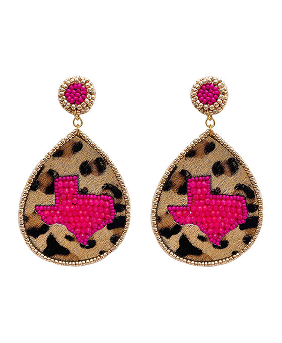 Leopard Leather w/ Texas Map Beaded Earring