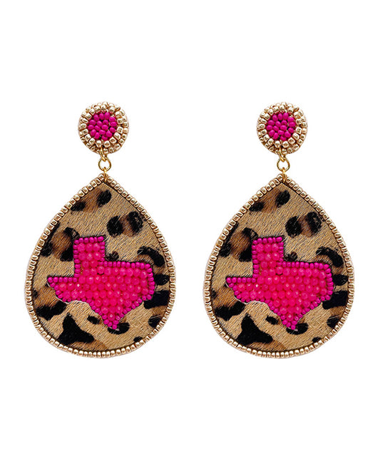 Leopard Leather w/ Texas Map Beaded Earring