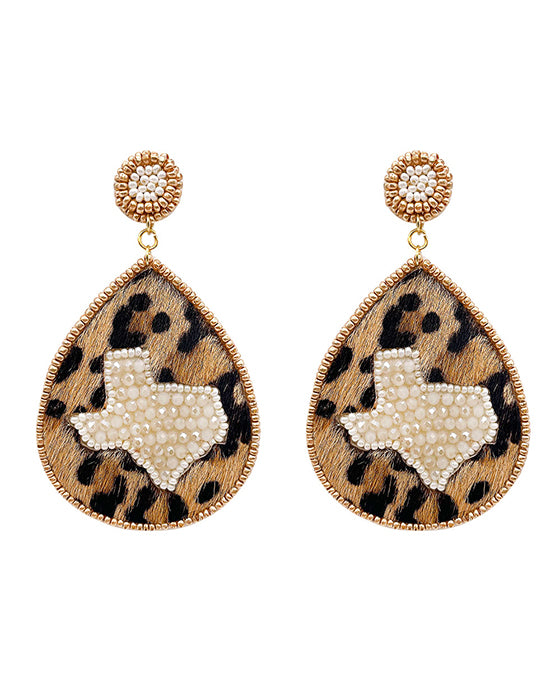 Leopard Leather w/ Texas Map Beaded Earring