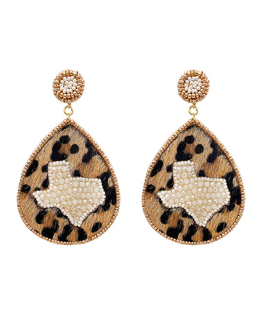 Leopard Leather w/ Texas Map Beaded Earring